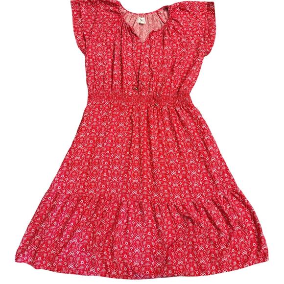 Red Boho Midi Dress Women’s Petite XL Flutter Sleeve Elastic Waist 48” Long - Picture 1 of 4